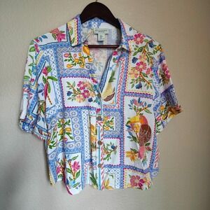 Calypso St Barth Tropical Stamp Print Linen Blend Cabana Shirt Resortwear Euro M